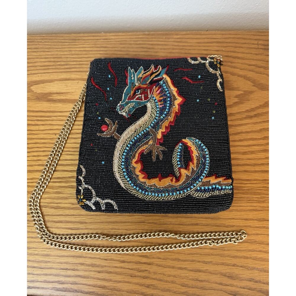 Mary Francis Black Dragon Beaded Crossbody Bag with Gold Tone Hardwear - Picture 2 of 10